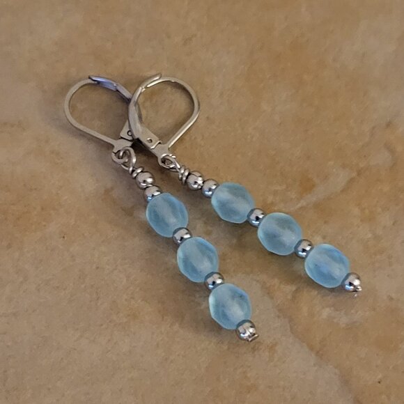 Blue Czech Crystal Earrings Firepolished Stainless Steel Leverback Earwires - Picture 4 of 4